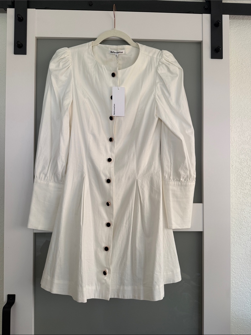 Reformation Cream Button-Front Mini Dress with Puff Shoulders